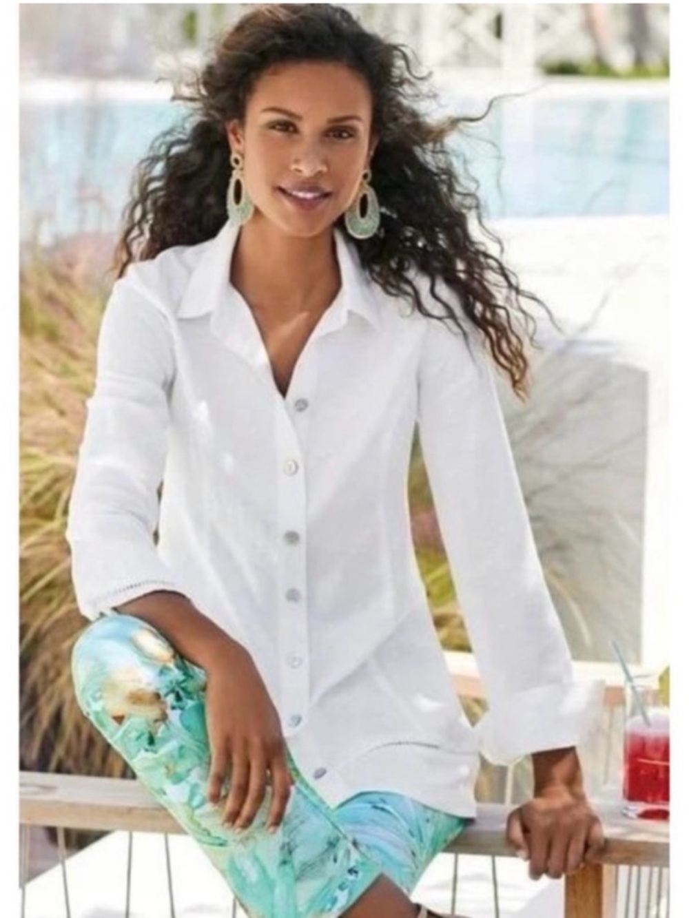 Soft Surroundings Sally White Linen Blend Button Down Shirt Size Medium coastal